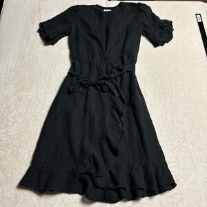 Honorine Womens Charlotte Wrap Dress 100% Linen Size Small Black‎ V Neck Ruffles